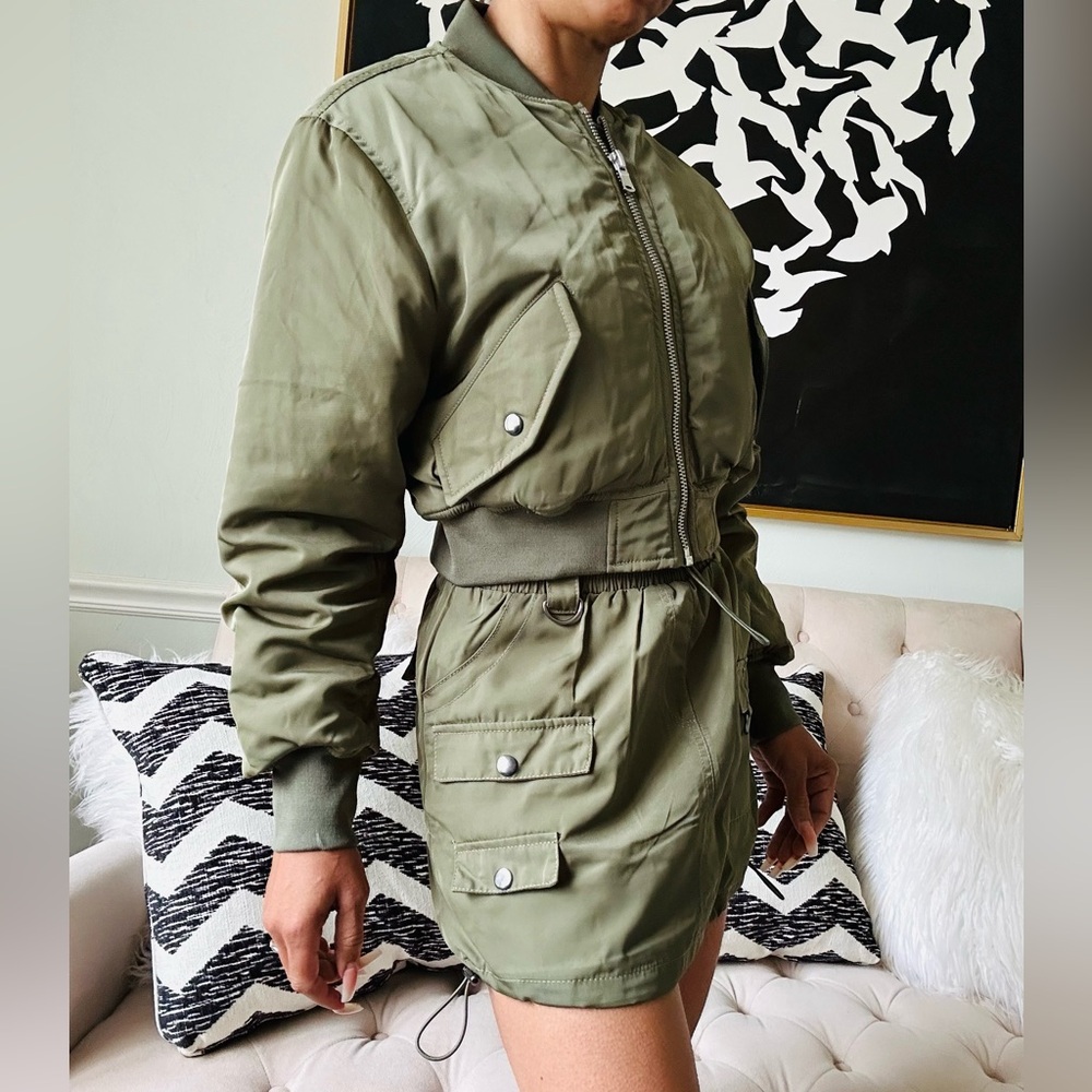 Fashion Nova Olive Green Got to Get Away Bomber Skirt Set - Picture 3 of 11